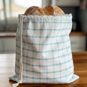Farmhouse Light Blue Checkered Bread Bag, Reusable Cotton Bread Storage Bag